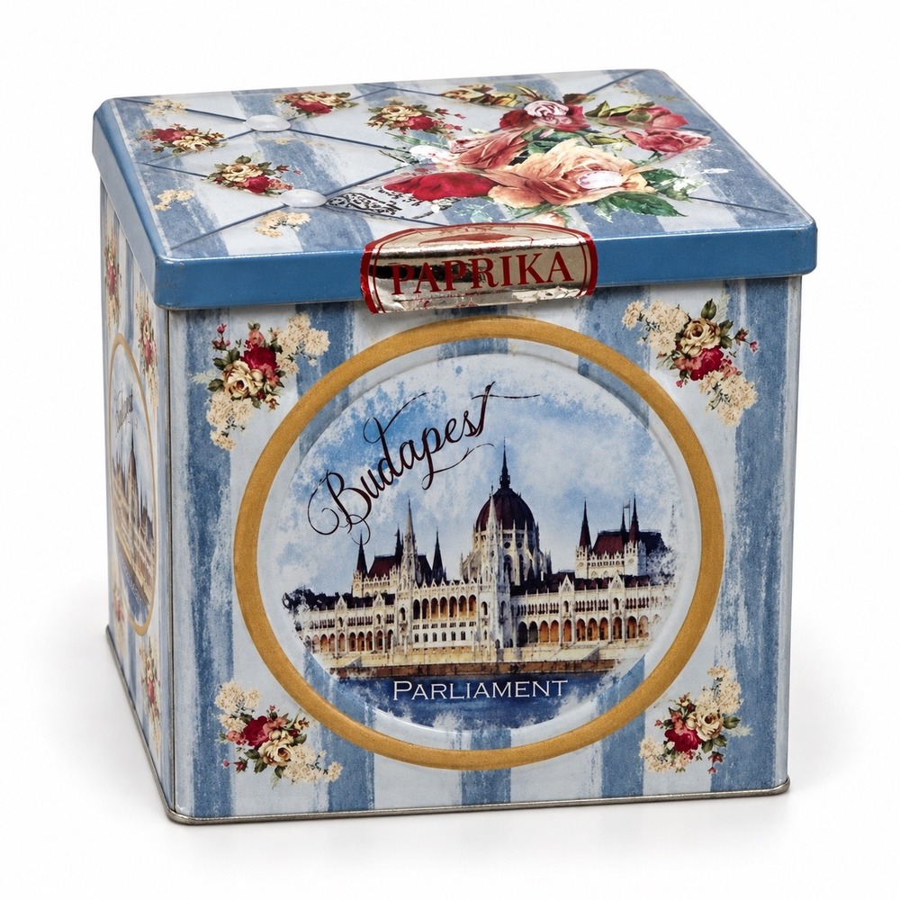 Budapest Parliament Floral Souvenir Tin Blue Striped Hungarian Paprika Box